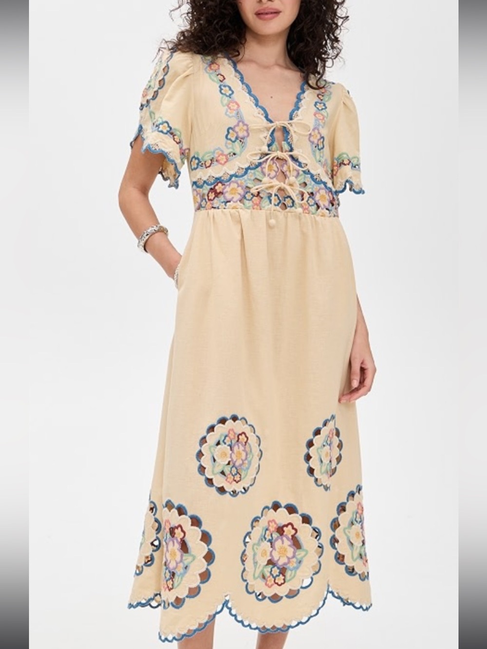 Sea New York Melinda NWT Size Large Embroidered Tie-Front Midi Dress
